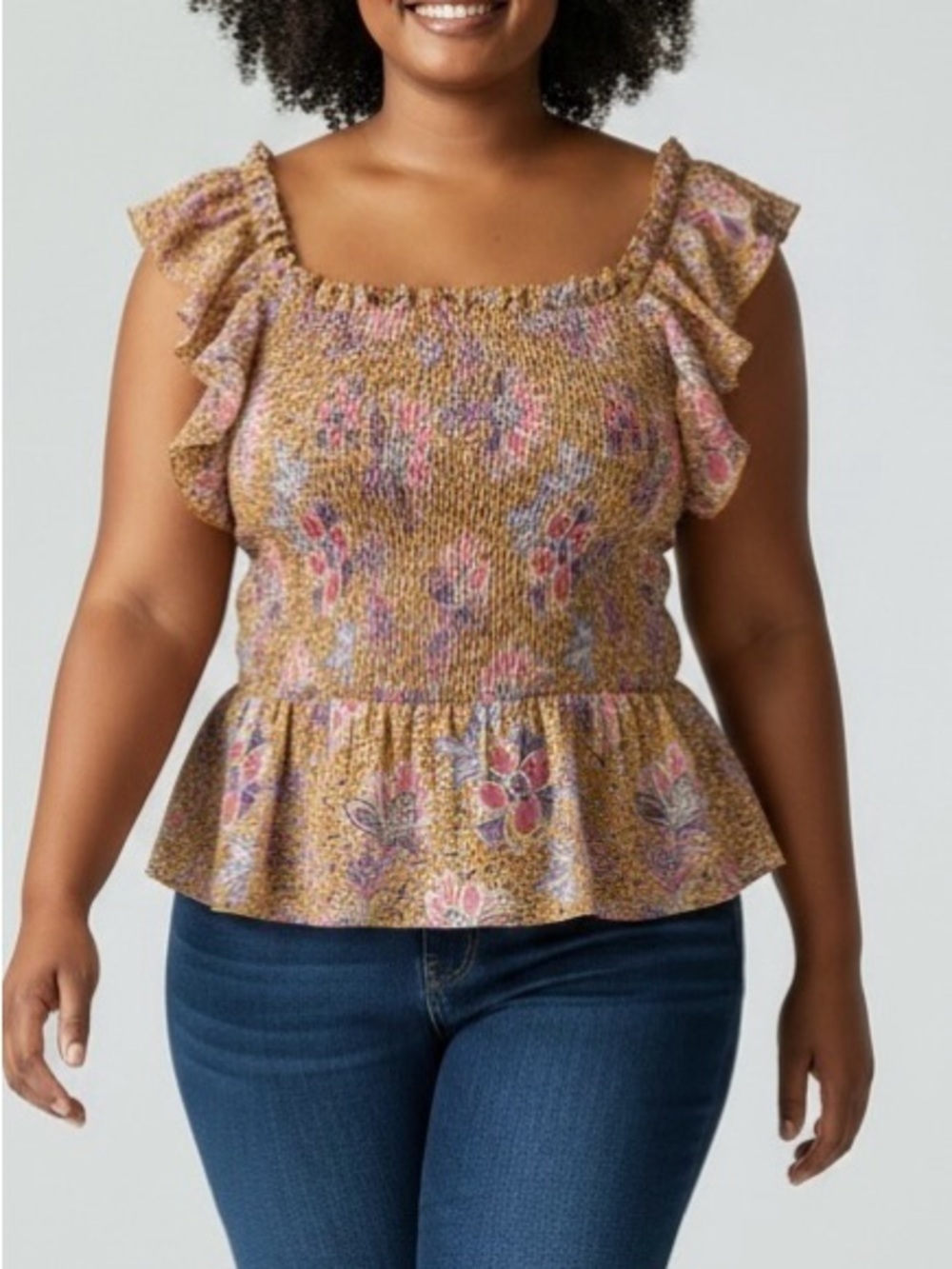 Nanette Lepore Floral Smocked Peplum Top - Mustard with Pink & Lavender